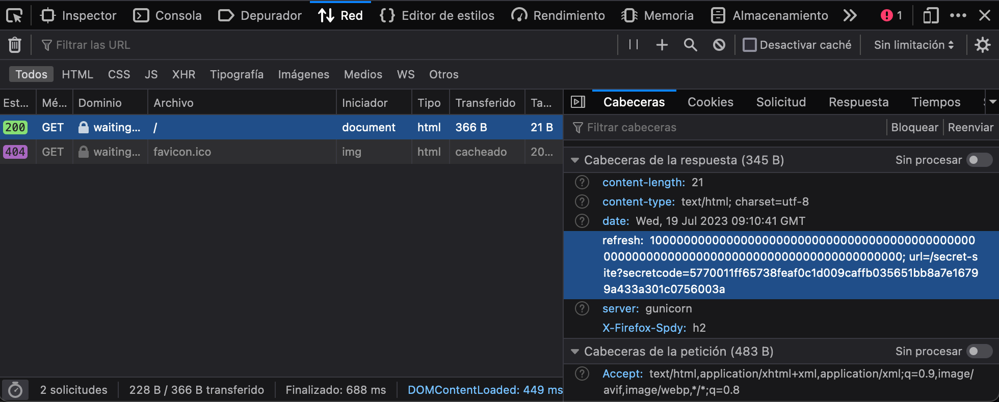 Cabeceras de la petición del recurso principal, una cabecera que da la pista... refresh