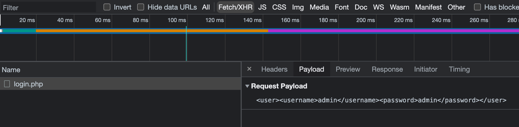 Screenshot Reto XEE1 tab con la request a login.php