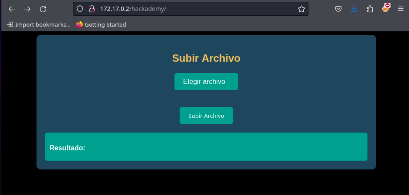 Imagen la web donde se puede subir un fichero de la máquina vulnerable de dockerlabs