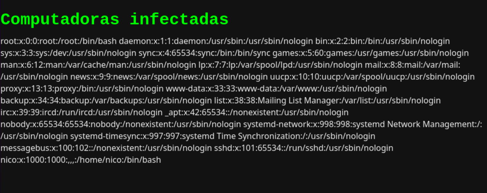 Resultado del LFI con el contenido /etc/passwd